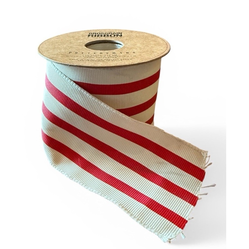 POTTERY BARN Grosgrain Ribbon 2.5" Wired Cream Red Stripe Spool ~10 Yds Decor